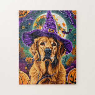 Spooky Golden Retriever Halloween Witch Pumpkin Jigsaw Puzzle
