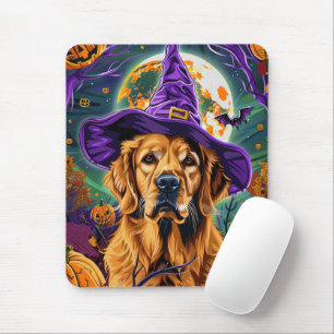 Spooky Golden Retriever Halloween Witch Pumpkin Mouse Pad