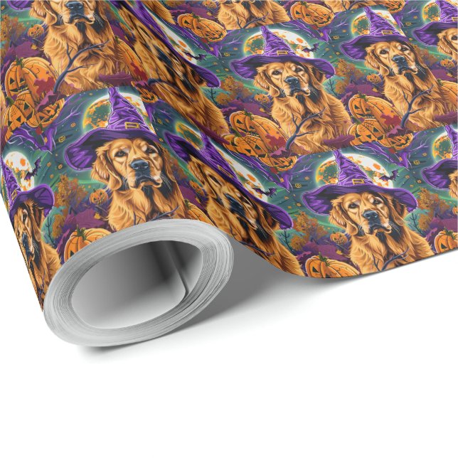 Spooky Golden Retriever Halloween Witch Pumpkin Wrapping Paper (Roll Corner)