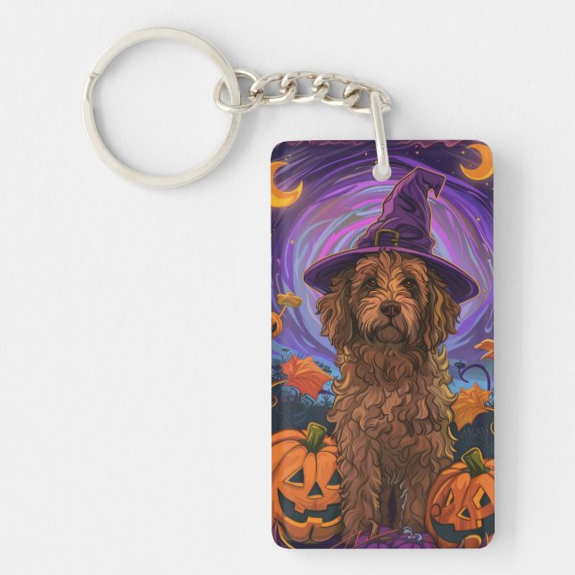 Spooky Goldendoodle Dog Halloween Witch Pumpkin Key Ring (Front)