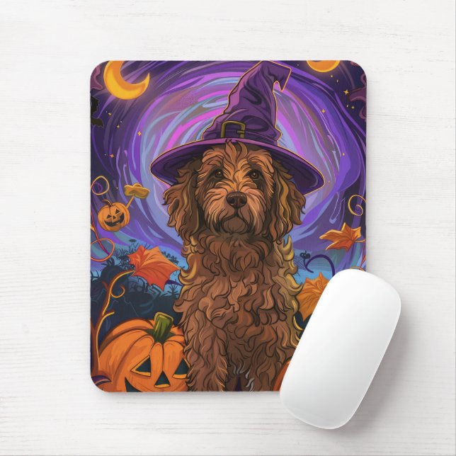 Spooky Goldendoodle Dog Halloween Witch Pumpkin Mouse Pad (With Mouse)