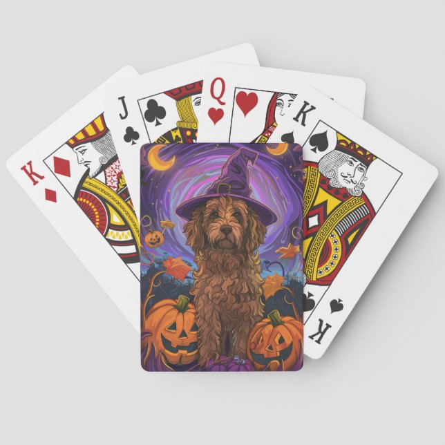 Spooky Goldendoodle Dog Halloween Witch Pumpkin Playing Cards (Back)