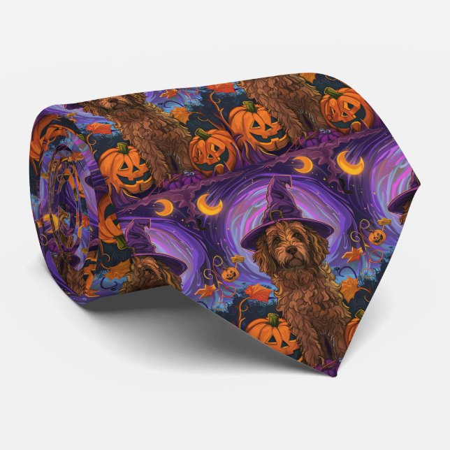 Spooky Goldendoodle Dog Halloween Witch Pumpkin Tie (Rolled)