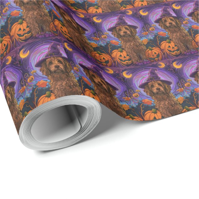 Spooky Goldendoodle Dog Halloween Witch Pumpkin Wrapping Paper (Roll Corner)