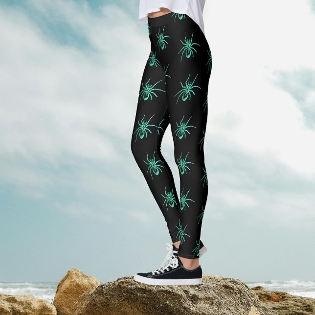 Spooky Goth Black Green Spiders Halloween Pattern Leggings (Creator Uploaded)