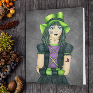 Spooky Goth Girl Green Hat Purple Black Dress Grey Card