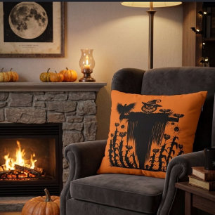 Spooky Goth Halloween Scarecrow Pumpkin Cornfield Cushion