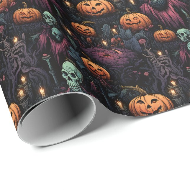 Spooky Goth Pumpkin Skull Halloween Wrapping Paper (Roll Corner)
