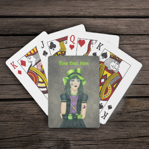 Spooky Gothic Girl Green Hat Black Dress Grey Playing Cards