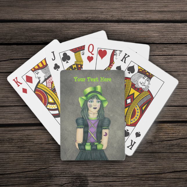 Spooky Gothic Girl Green Hat Black Dress Grey Playing Cards (Gothic spooky girl green hat black dress tattoos on misty grey deck of playing cards.)