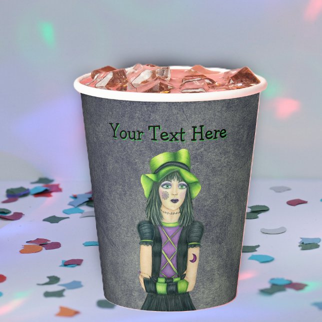 Spooky Gothic Girl Tattoos Green Hat Glowing Grey Paper Cups (Cute Goth girl green hat black and purple dress tattoos on grey paper party drink cup.)