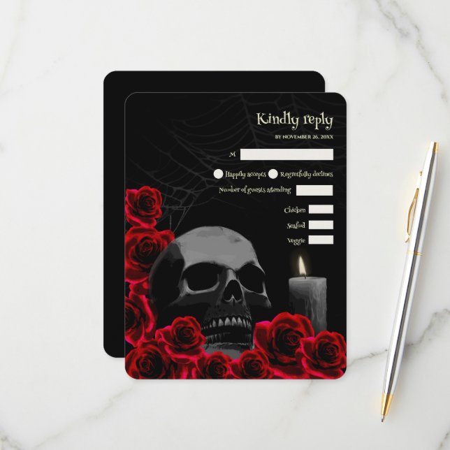 Spooky Gothic Halloween Wedding RSVP with Red Rose (Front/Back In Situ)