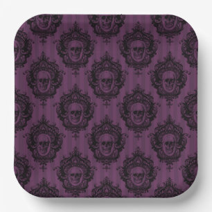 SPOOKY GOTHIC PURPLE HALLOWEEN SKULLS PAPER PLATE