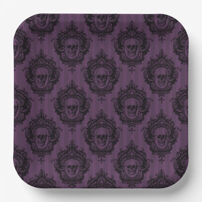 SPOOKY GOTHIC PURPLE HALLOWEEN SKULLS PAPER PLATE (Front)