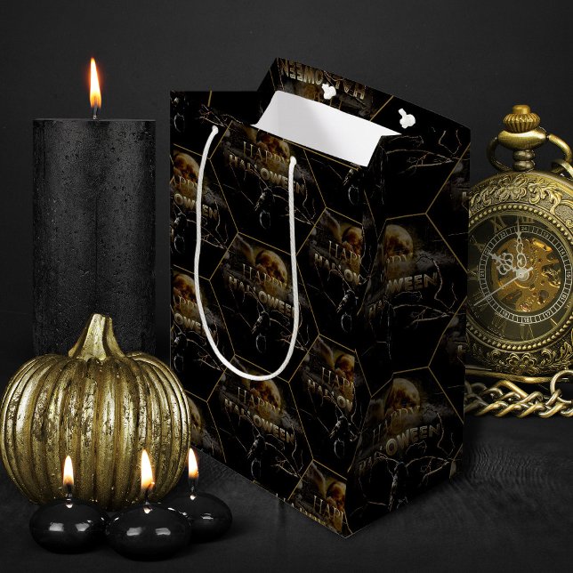 Spooky Gothic Raven In Full Moon Adult Halloween M Medium Gift Bag (black and gold elegant Halloween treats gift bag)