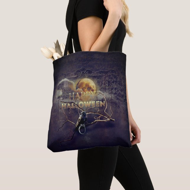 Spooky Gothic Raven In Full Moon Adult Halloween Tote Bag (Close Up)