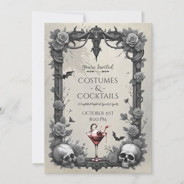 Spooky Gothic Skull Roses Costume Cocktail Party Invitation (Front)