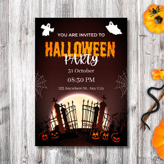 Spooky Graveyard Ghosts & Pumpkins Halloween Party Invitation