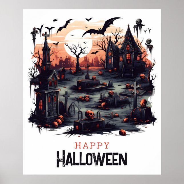 Spooky graveyard, pumpkin skulls and bats poster (Front)