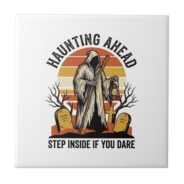 Spooky Graveyard Shirt with Haunted Sunset Reaper  Ceramic Tile (Front)