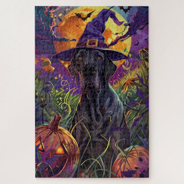 Spooky Great Dane Dog Halloween Witch Pumpkin Jigsaw Puzzle (Vertical)