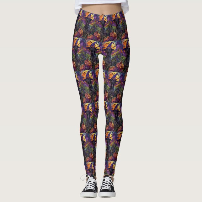 Spooky Great Dane Dog Halloween Witch Pumpkin Leggings (Front)