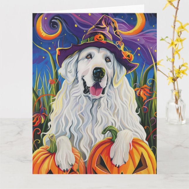 Spooky Great Pyrenees Dog Halloween Witch Pumpkin Card (Yellow Flower)