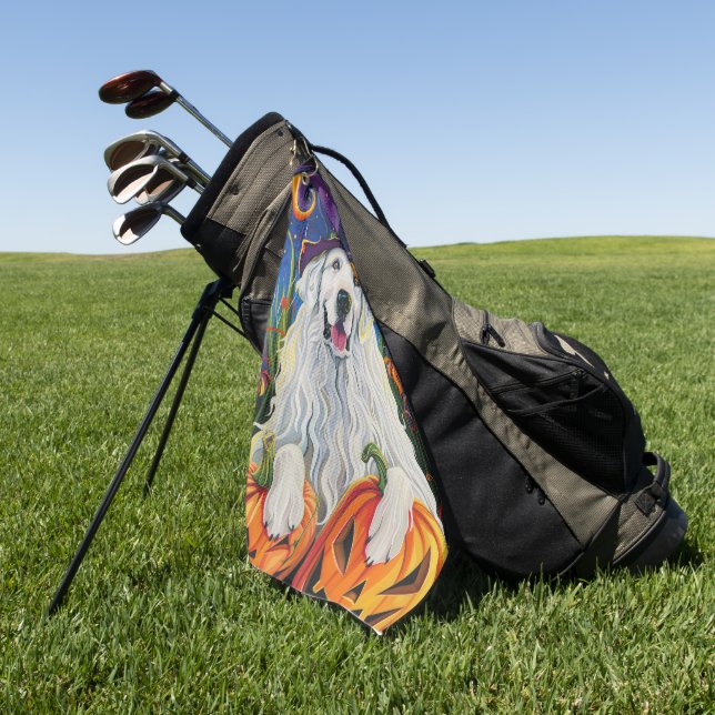 Spooky Great Pyrenees Dog Halloween Witch Pumpkin Golf Towel (Green)