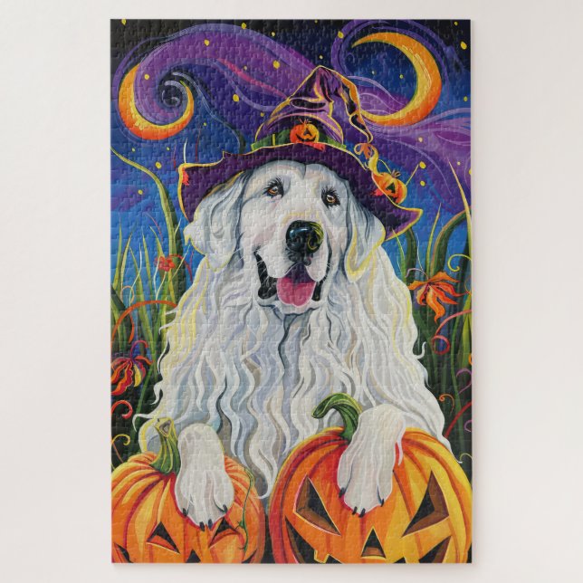 Spooky Great Pyrenees Dog Halloween Witch Pumpkin Jigsaw Puzzle (Vertical)