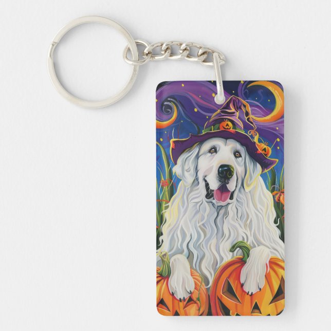 Spooky Great Pyrenees Dog Halloween Witch Pumpkin Key Ring (Front)