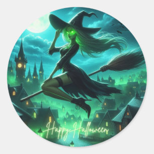 Spooky green aura Halloween witch Classic Round Sticker