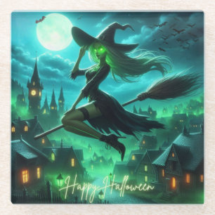 Spooky green aura Halloween witch Glass Coaster