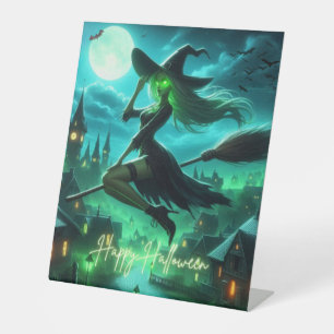 Spooky green aura Halloween witch Pedestal Sign