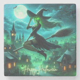 Spooky green aura Halloween witch Stone Coaster