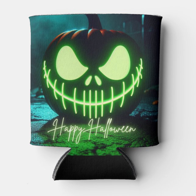 Spooky green glowing Halloween pumpkin Can Cooler (Front)