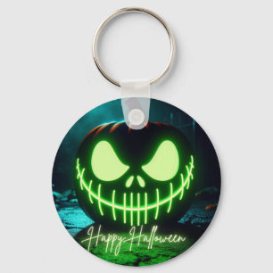 Spooky green glowing Halloween pumpkin Key Ring