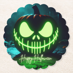 Spooky green glowing Halloween pumpkin Paper Coaster