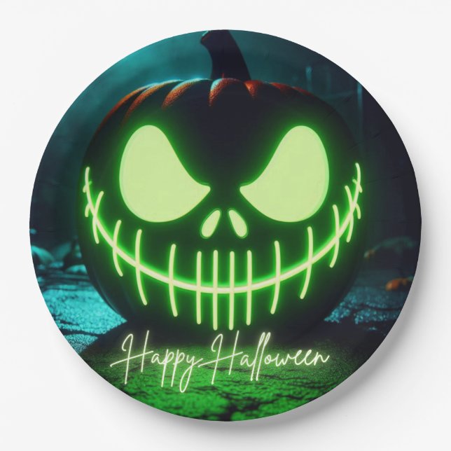 Spooky green glowing Halloween pumpkin Paper Plate (Front)