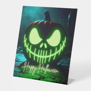 Spooky green glowing Halloween pumpkin Pedestal Sign