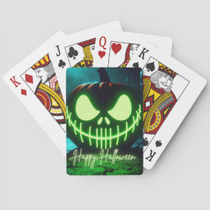 Spooky green glowing Halloween pumpkin Playing Cards