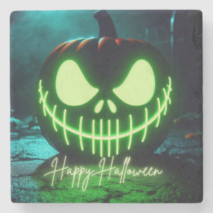 Spooky green glowing Halloween pumpkin Stone Coaster