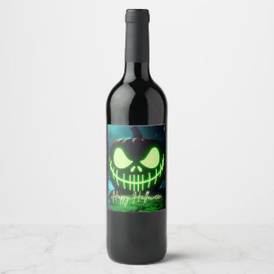Spooky green glowing Halloween pumpkin Wine Label