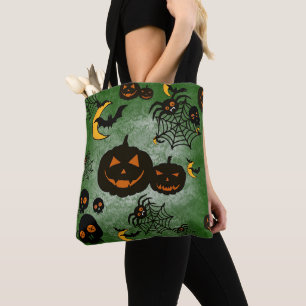 SPOOKY GREEN HALLOWEEN PUMPKINS MOONS BATS TOTE BAG