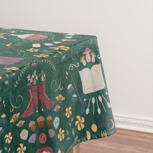 Spooky Green Halloween Witch Tablecloth (In Situ)