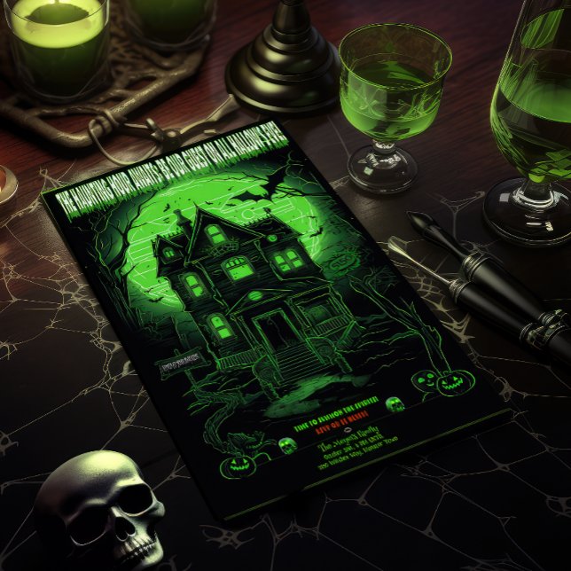 Spooky Green Haunted Mansion Halloween Party Invitation (Spooky Fun Haunted Mansion Glowing Green and Black Halloween Party Invite)