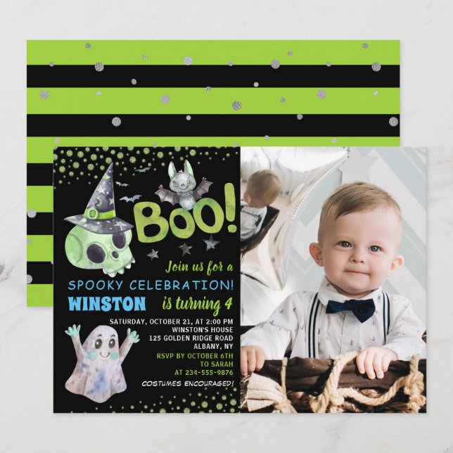 Spooky Green Skull Boy Halloween Birthday Photo Invitation (Front/Back)