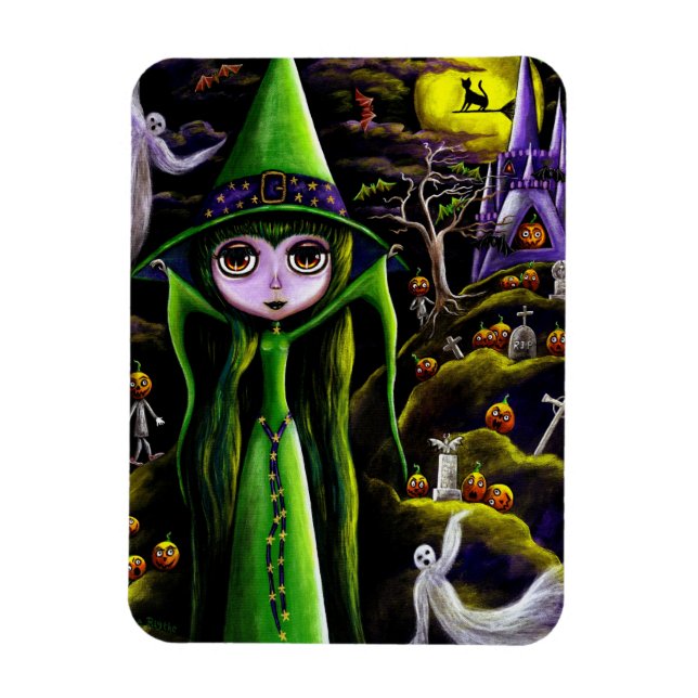 Spooky Green Witch Doll Big Eyes Pumpkin People Magnet (Vertical)