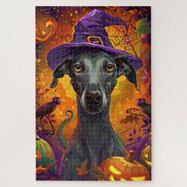 Spooky Greyhound Dog Halloween Witch And Pumpkin Jigsaw Puzzle (Vertical)