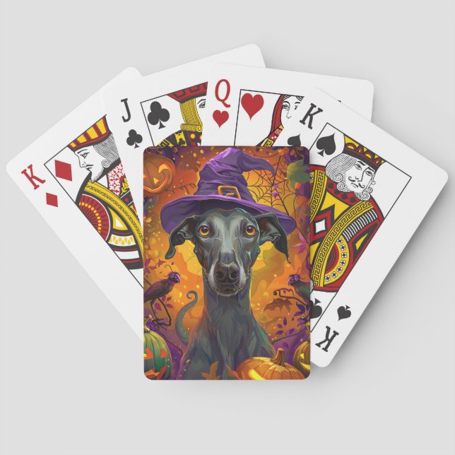 Spooky Greyhound Dog Halloween Witch And Pumpkin Playing Cards (Back)