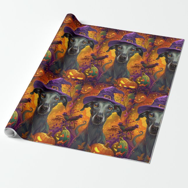 Spooky Greyhound Dog Halloween Witch And Pumpkin Wrapping Paper (Unrolled)